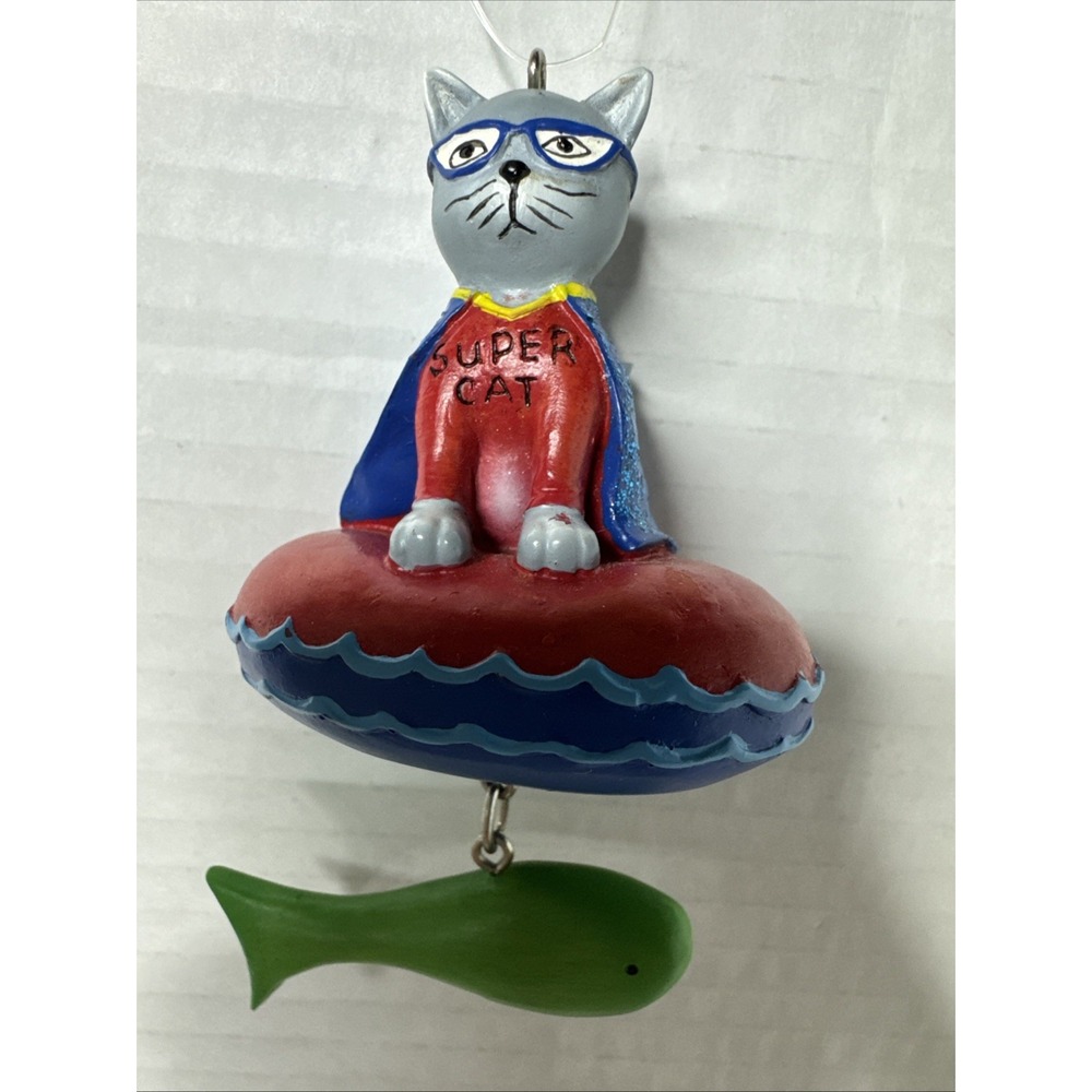 Vtg Wooden Cat Christmas Ornament Hand Painted Super Cat cape Inter tube Fishing